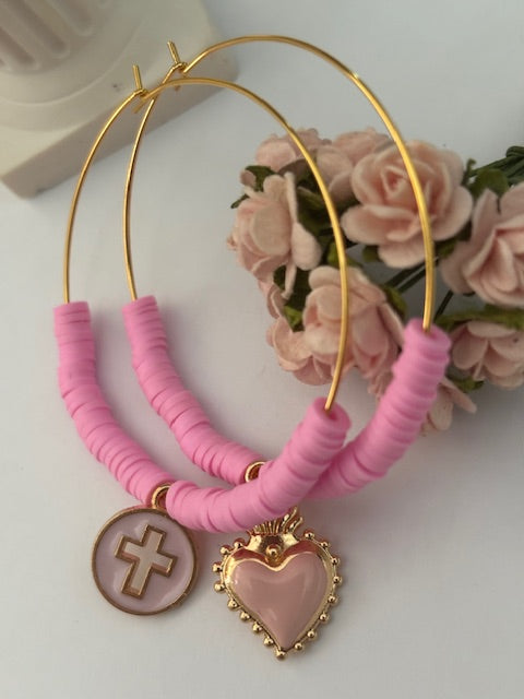 Boucles d'oreilles créoles ex voto, créoles asymétriques ex voto, boucles d'oreilles religieuses, breloque médaille croix et coeur sacré