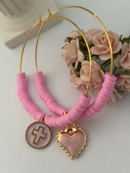 Boucles d'oreilles créoles ex voto, créoles asymétriques ex voto, boucles d'oreilles religieuses, breloque médaille croix et coeur sacré