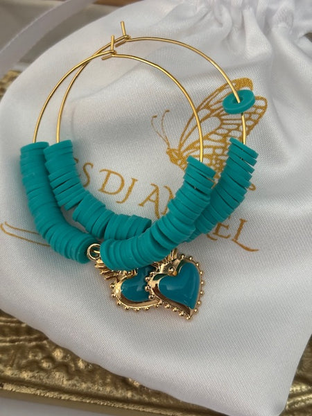 Boucles d'oreilles créoles ex voto, créoles asymétriques ex voto, boucles d'oreilles religieuses, breloque coeur sacré turquoise