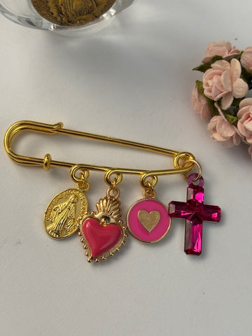 Broche ex voto, broche cérémonie religieuse, broche romantique coeur sacré, cadeau pour femme croix et médaille, breloque miraculeuse