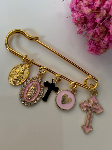 Broche ex voto, broche croix médaille religieuse, cadeau pour maman croix, cadeau pour femme croix, breloque croix rose, pendentif Vierge Marie