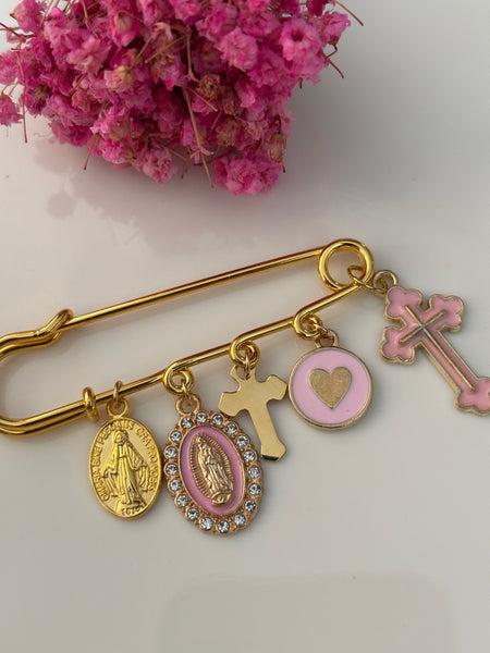 Broche ex voto, broche croix médaille religieuse, cadeau pour maman croix, cadeau pour femme croix, breloque croix rose, pendentif Vierge Marie