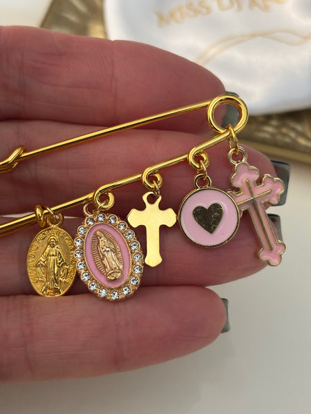 Broche ex voto, broche croix médaille religieuse, cadeau pour maman croix, cadeau pour femme croix, breloque croix rose, pendentif Vierge Marie