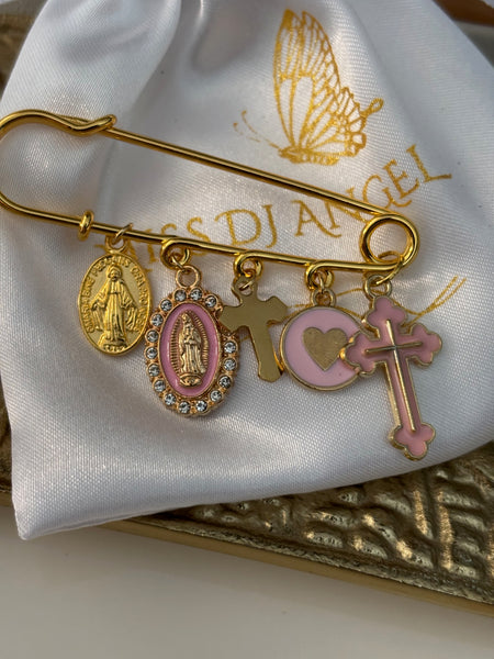 Broche ex voto, broche croix médaille religieuse, cadeau pour maman croix, cadeau pour femme croix, breloque croix rose, pendentif Vierge Marie