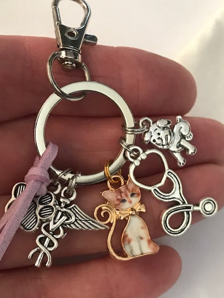 Porte-clés vétérinaire, breloque chat chien, caducée ailé sur bijou de sac, cadeau pour vétérinaire.
