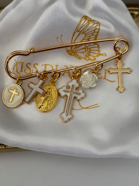 Broche ex voto, broche croix médaille religieuse, cadeau pour maman croix, cadeau pour femme croix, breloque croix blanche