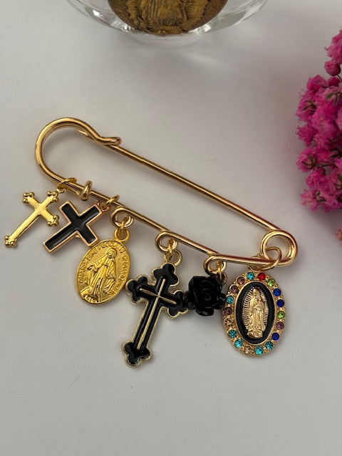 Broche ex voto, broche croix médaille religieuse, cadeau pour maman croix, cadeau pour femme croix, breloque croix noir