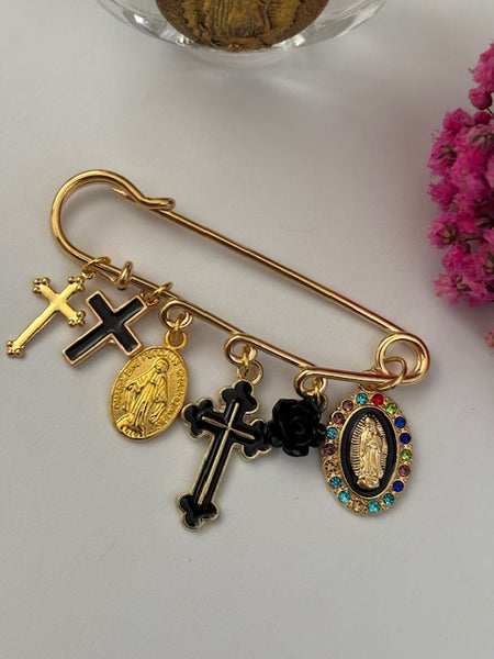 Broche ex voto, broche croix médaille religieuse, cadeau pour maman croix, cadeau pour femme croix, breloque croix noir