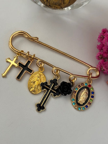 Broche ex voto, broche croix médaille religieuse, cadeau pour maman croix, cadeau pour femme croix, breloque croix noir