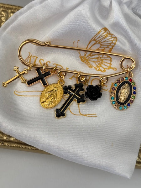 Broche ex voto, broche croix médaille religieuse, cadeau pour maman croix, cadeau pour femme croix, breloque croix noir