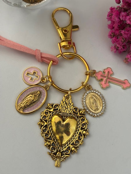 Porte-clés vierge Marie coeur sacré et croix, cadeau pour maman vierge, breloque vierge médaille miraculeuse, porte clé vierge ex voto