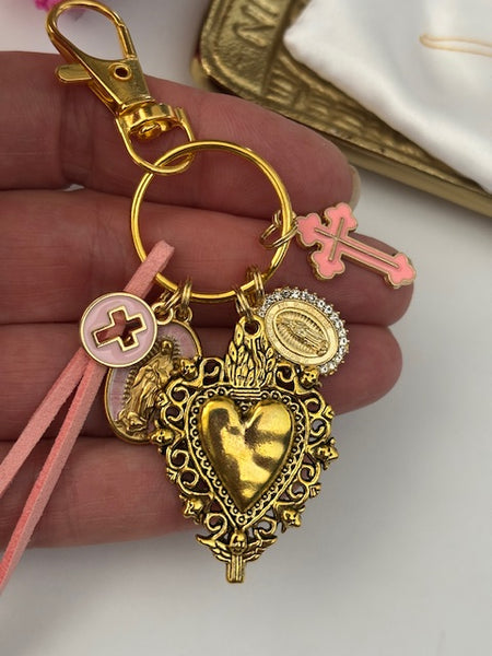 Porte-clés vierge Marie coeur sacré et croix, cadeau pour maman vierge, breloque vierge médaille miraculeuse, porte clé vierge ex voto