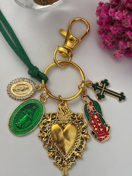 Porte-clés vierge Marie coeur sacré et croix, cadeau pour maman vierge, breloque vierge médaille miraculeuse, porte clé croix ex voto