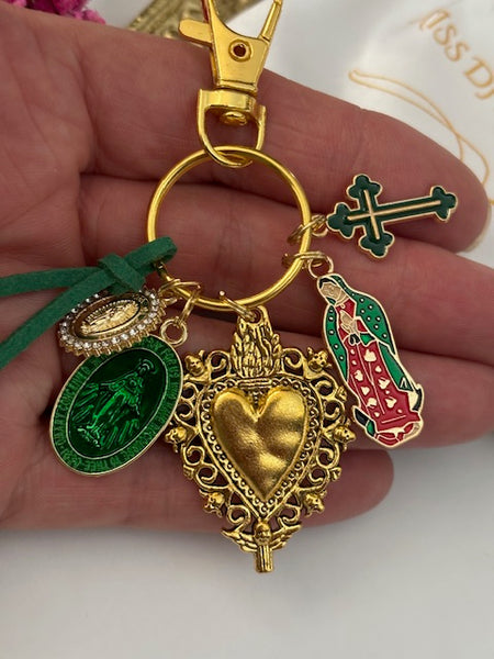 Porte-clés vierge Marie coeur sacré et croix, cadeau pour maman vierge, breloque vierge médaille miraculeuse, porte clé croix ex voto