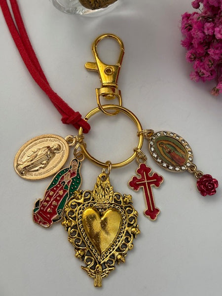 Porte-clés vierge Marie coeur sacré et croix, cadeau pour maman vierge de la Guadeloupe, breloque vierge médaille miraculeuse, ex voto bijou