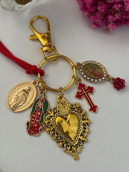 Porte-clés vierge Marie coeur sacré et croix, cadeau pour maman vierge de la Guadeloupe, breloque vierge médaille miraculeuse, ex voto bijou