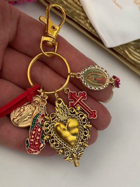 Porte-clés vierge Marie coeur sacré et croix, cadeau pour maman vierge de la Guadeloupe, breloque vierge médaille miraculeuse, ex voto bijou