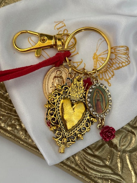 Porte-clés vierge Marie coeur sacré et croix, cadeau pour maman vierge de la Guadeloupe, breloque vierge médaille miraculeuse, ex voto bijou