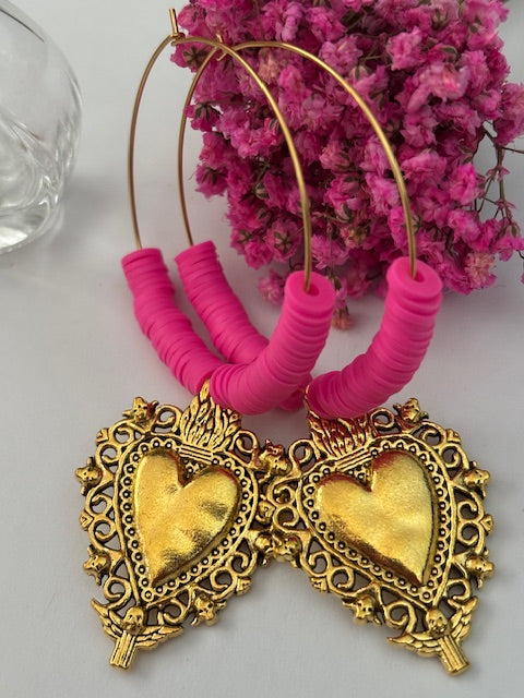 Boucles d'oreille créoles ex voto, boucles d'oreille coeur sacré, cadeau pour femme ex voto, cadeau pour maman coeur sacré fait main