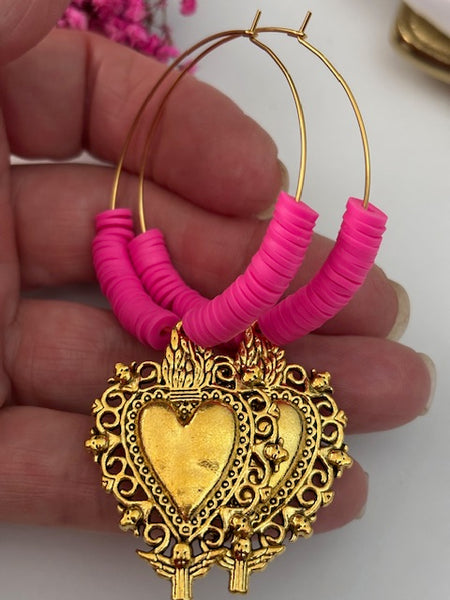 Boucles d'oreille créoles ex voto, boucles d'oreille coeur sacré, cadeau pour femme ex voto, cadeau pour maman coeur sacré fait main