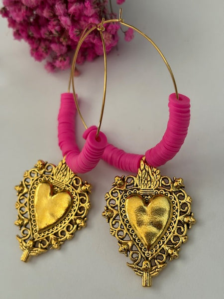 Boucles d'oreille créoles ex voto, boucles d'oreille coeur sacré, cadeau pour femme ex voto, cadeau pour maman coeur sacré fait main