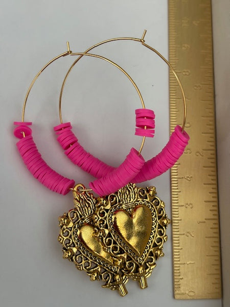Boucles d'oreille créoles ex voto, boucles d'oreille coeur sacré, cadeau pour femme ex voto, cadeau pour maman coeur sacré fait main