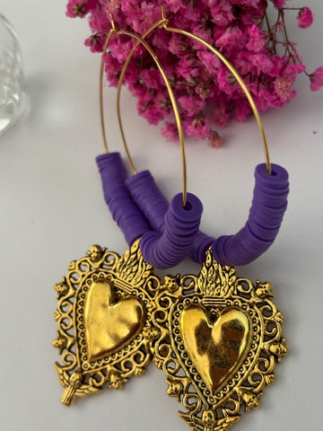Boucles d'oreille créoles ex voto, boucles d'oreille coeur sacré, cadeau pour femme ex voto, cadeau pour maman coeur sacré fait main