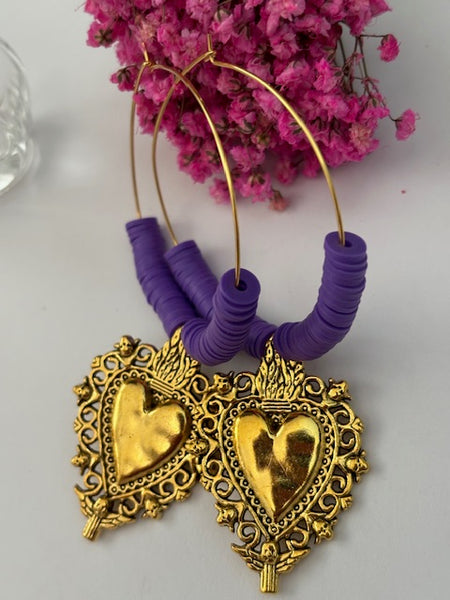 Boucles d'oreille créoles ex voto, boucles d'oreille coeur sacré, cadeau pour femme ex voto, cadeau pour maman coeur sacré fait main