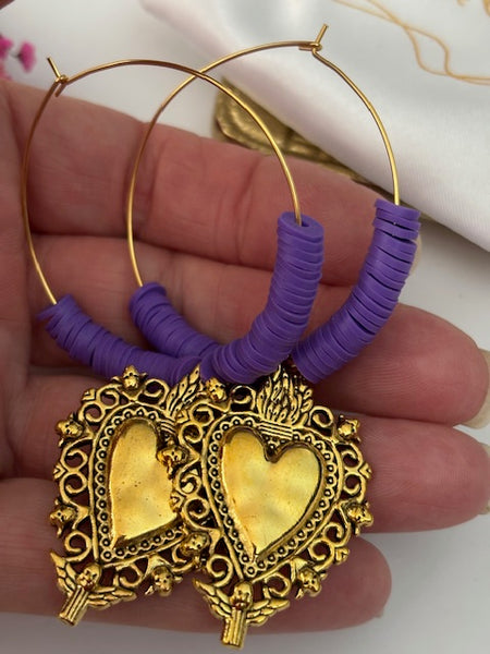 Boucles d'oreille créoles ex voto, boucles d'oreille coeur sacré, cadeau pour femme ex voto, cadeau pour maman coeur sacré fait main
