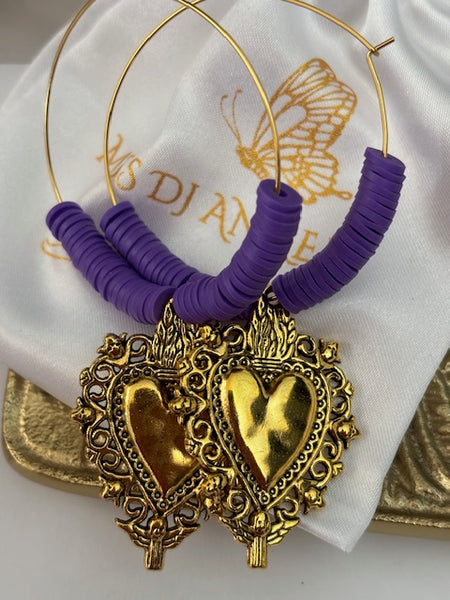 Boucles d'oreille créoles ex voto, boucles d'oreille coeur sacré, cadeau pour femme ex voto, cadeau pour maman coeur sacré fait main