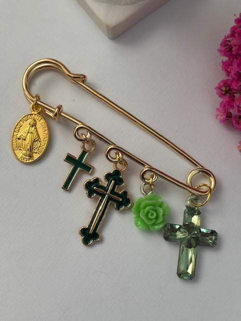 Broche ex voto, broche croix médaille religieuse, cadeau pour maman croix, cadeau pour femme croix, breloque croix vert