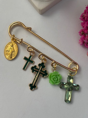 Broche ex voto, broche croix médaille religieuse, cadeau pour maman croix, cadeau pour femme croix, breloque croix vert
