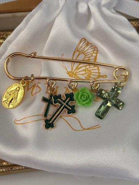 Broche ex voto, broche croix médaille religieuse, cadeau pour maman croix, cadeau pour femme croix, breloque croix vert