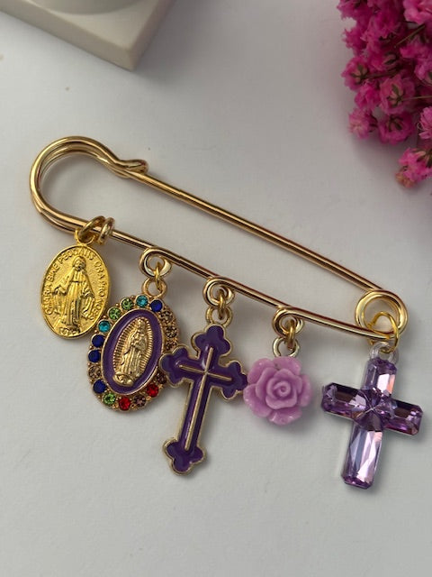 Broche ex voto, broche croix médaille religieuse, cadeau pour maman croix, cadeau pour femme croix, breloque croix violet
