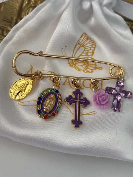 Broche ex voto, broche croix médaille religieuse, cadeau pour maman croix, cadeau pour femme croix, breloque croix violet