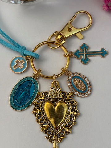 Porte-clés vierge Marie coeur sacré et croix, cadeau pour maman vierge, breloque vierge médaille miraculeuse, porte clés ex voto