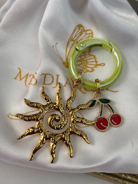 Charms porte-clés soleil et fruit, breloque soleil cerises, cadeau fruit été femme, bijou de sac soleil, pendentifs cerises et soleil