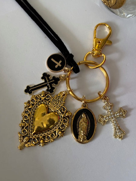 Porte-clés vierge Marie coeur sacré et croix, cadeau pour maman vierge, breloque vierge médaille miraculeuse, porte clés ex voto