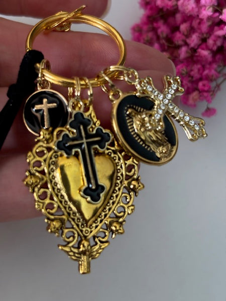 Porte-clés vierge Marie coeur sacré et croix, cadeau pour maman vierge, breloque vierge médaille miraculeuse, porte clés ex voto