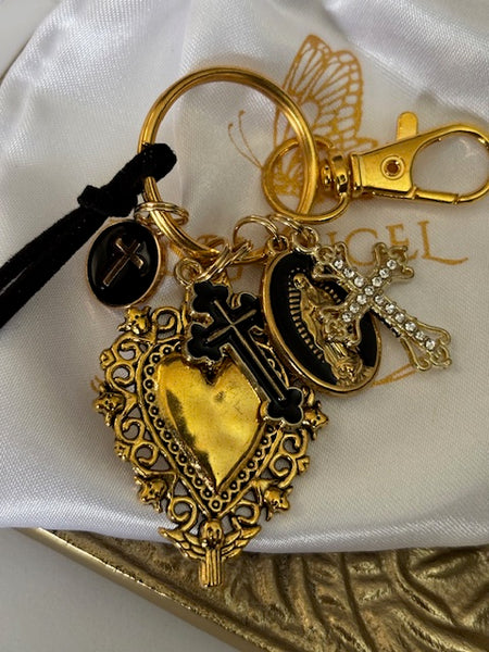 Porte-clés vierge Marie coeur sacré et croix, cadeau pour maman vierge, breloque vierge médaille miraculeuse, porte clés ex voto