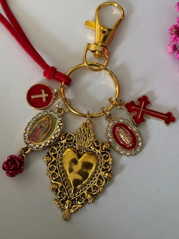Porte-clés vierge Marie coeur sacré et croix, cadeau pour maman vierge, breloque vierge médaille miraculeuse, porte clés ex voto