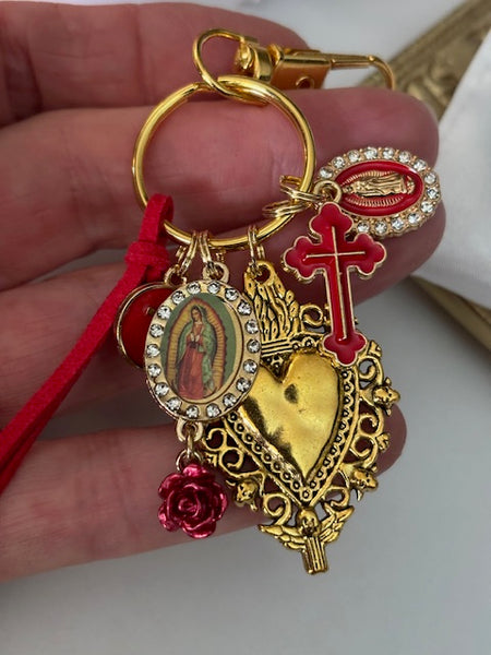 Porte-clés vierge Marie coeur sacré et croix, cadeau pour maman vierge, breloque vierge médaille miraculeuse, porte clés ex voto