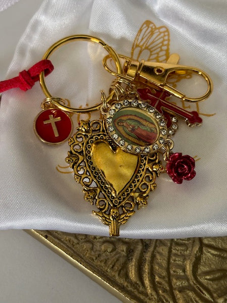 Porte-clés vierge Marie coeur sacré et croix, cadeau pour maman vierge, breloque vierge médaille miraculeuse, porte clés ex voto