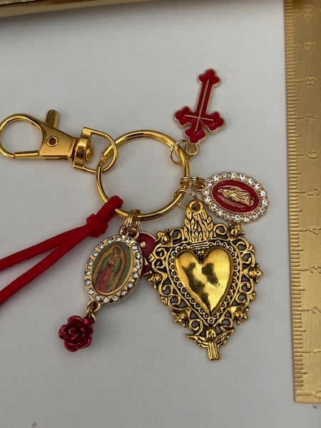 Porte-clés vierge Marie coeur sacré et croix, cadeau pour maman vierge, breloque vierge médaille miraculeuse, porte clés ex voto