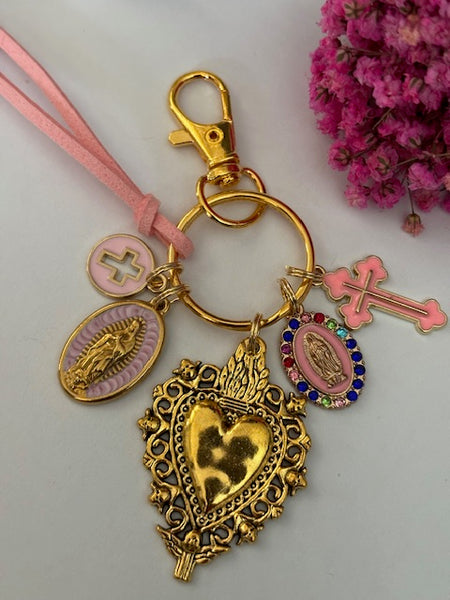 Porte-clés vierge Marie coeur sacré et croix, cadeau pour maman vierge, breloque vierge médaille miraculeuse, porte clés ex voto