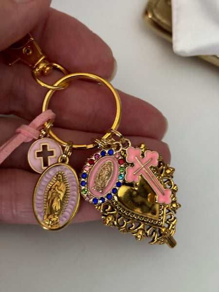Porte-clés vierge Marie coeur sacré et croix, cadeau pour maman vierge, breloque vierge médaille miraculeuse, porte clés ex voto