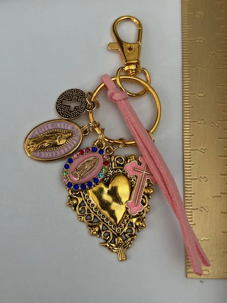 Porte-clés vierge Marie coeur sacré et croix, cadeau pour maman vierge, breloque vierge médaille miraculeuse, porte clés ex voto
