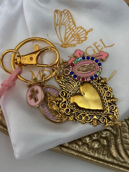 Porte-clés vierge Marie coeur sacré et croix, cadeau pour maman vierge, breloque vierge médaille miraculeuse, porte clés ex voto