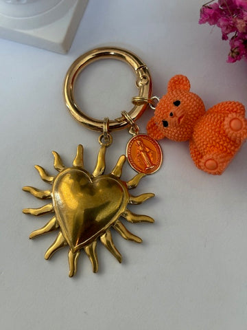 Charms soleil médaille religieuse, porte clé soleil ourson, cadeau pour maman ourson, cadeau femme cœur soleil, breloque médaille religieuse