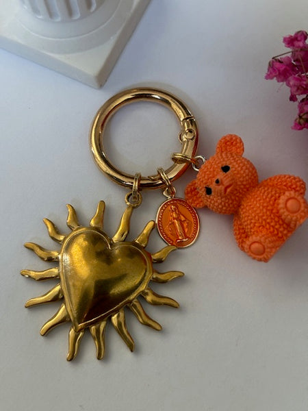 Charms soleil médaille religieuse, porte clé soleil ourson, cadeau pour maman ourson, cadeau femme cœur soleil, breloque médaille religieuse